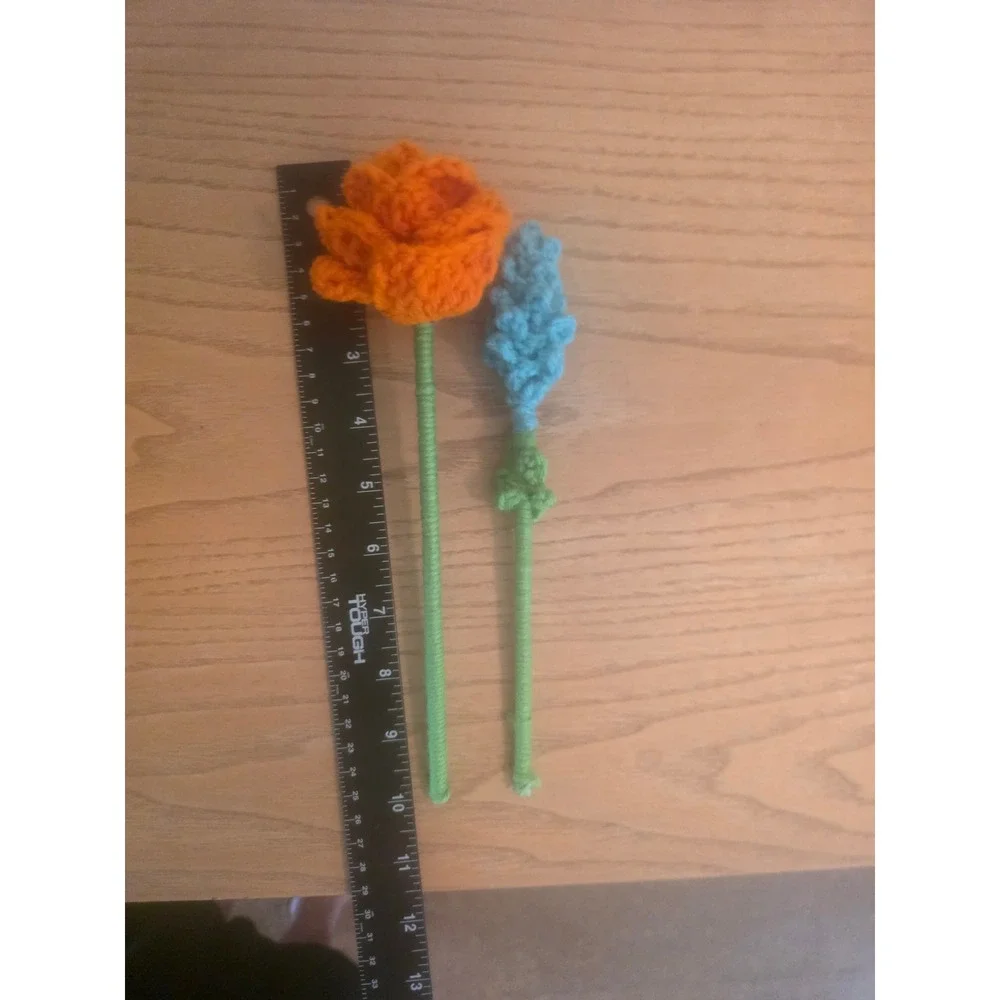 Handmade Crochet Flower Bouquet Orange Rose Blue Lavender Cottagecore Decor 2pc